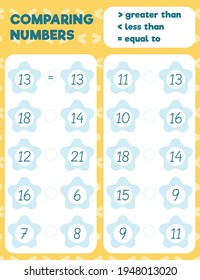 Comparing numbers worksheet practice print sheet. Vector illustration.