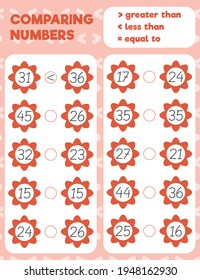 Comparing numbers worksheet practice print sheet. Vector illustration.
