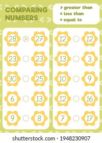 Vergleichen von Zahlen Arbeitsblatt Praxis Druckbogen. Vektorgrafik.