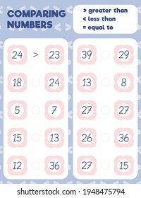 Comparing numbers worksheet practice print sheet. Vector illustration.