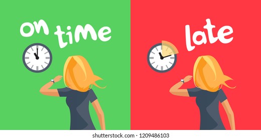 Comparing person being on time and running late. Young hurrying blonde woman with wristwatch watching on wall clock showing delay. Cartoon vector illustration on green red background. Late to work.