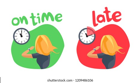 Comparing person being on time and running late. Young hurrying blonde woman with wristwatch watching on wall clock showing delay. Cartoon vector illustration isolated on white background.