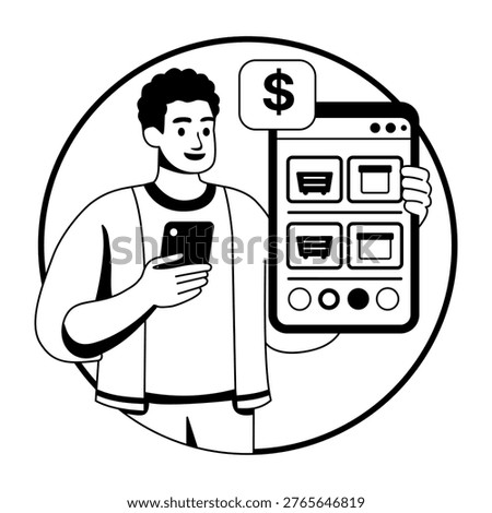 Comparing prices illustration of a character in glyph style 
