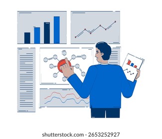Comparing results and data evaluation doodle illustration concept. Business dashboard. Analytical decision-making. Indian analyst cartoon 2D character isolated on white. Hand drawn vector metaphor