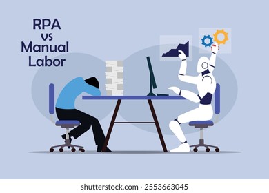 Comparing RPA Automation vs Manual Labor Productivity 2d flat vector illustrations