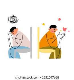 Comparing two men. Man having frustration and mental problems and man feeling happiness. Mental health concept. Illustration on white background.