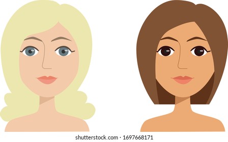 Comparando dos caras femeninas jóvenes con diferentes colores de piel, ojos y cabello. Ilustración del vector