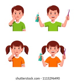 Comparing upset boy & girl having toothache & happy kids using toothbrush and toothpaste. Children dentistry teeth hygiene concept. Kids brushing teeth motivational clipart. Flat vector illustration