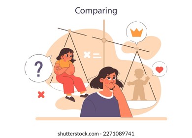 Comparing, verbal abuse. Parenting don'ts. Parenthood failure. Abusive family and traumatizing childhood experience. Flat vector illustration