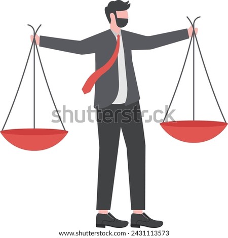 Comparison advantage and disadvantage, integrity or honest truth, pros and cons or measurement, judge or ethical, decision or balance concept, businessman comparing scale to be equal, fair measuring.
