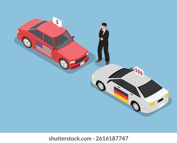 Comparison of American and German Cars with Price Tags – Car Buyer Decision 3d flat vector illustrations