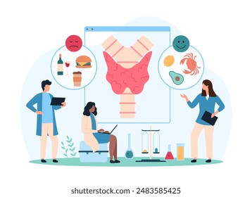 Comparison of bad and good diets for thyroid health, healthy eating awareness. Tiny people show endocrine organ infographic chart, talk about fast food harmful effects cartoon vector illustration