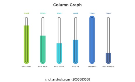 Comparison bar chart with six colorful columns placed in horizontal row. Concept of 6 income or financial sources. Simple infographic design template. Modern flat vector illustration for presentation.