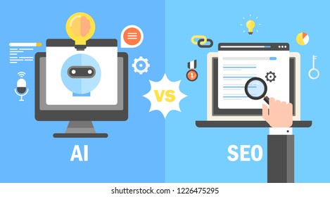 Comparison between AI and SEO, Differences Artificial intelligence and Search engine optimization flat vector banner