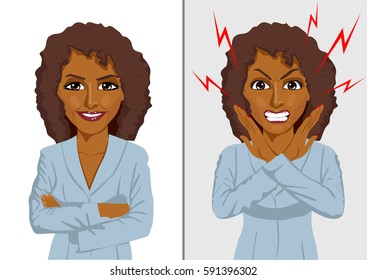 Comparison between angry and happy expressions of the same african american businesswoman