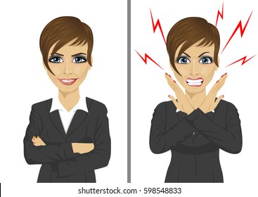 Comparison between angry and happy expressions of the same businesswoman