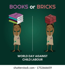 The comparison between books and bricks that child holding on their head, World day against child labour, Child labour around world, Stop child labour.