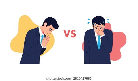 Comparison between a businessman bowing in apology and another businessman sneezing or feeling unwell due to illness.