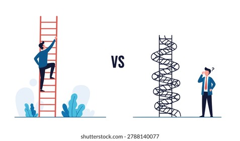 Comparison between a businessman climbing a simple straight ladder and another man confused by a complex spiral ladder design.