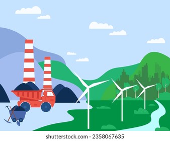 Comparación entre las minas de carbón y las turbinas eólicas como fuentes de energía. La energía eólica como alternativa sostenible a la ilustración vectorial de los combustibles fósiles. Industria, energía, concepto de sostenibilidad