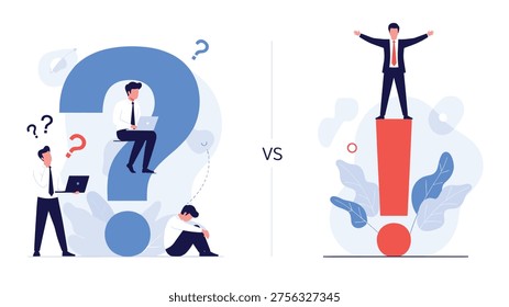 Comparison between confused people around a question mark and a successful leader on an exclamation point.