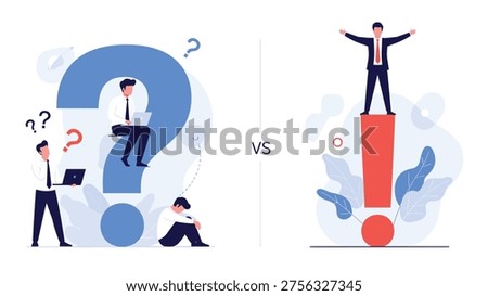 Comparison between confused people around a question mark and a successful leader on an exclamation point.