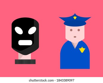 Vergleich zwischen einem Kriminellen mit einer schwarzen Maske und einem Polizisten mit einer einheitlichen
