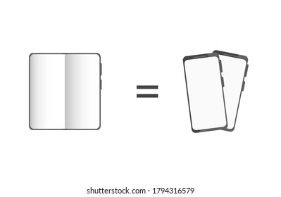 Comparison between a dual fold-out flexible screen phone and two conventional touchscreen phones. Vector realistic illustration isolated on white background, eps 10.