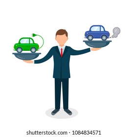 Comparison between electric environmentally friendly and gas polluting car illustration. Electric car versus gasoline and diesel car on scales.
