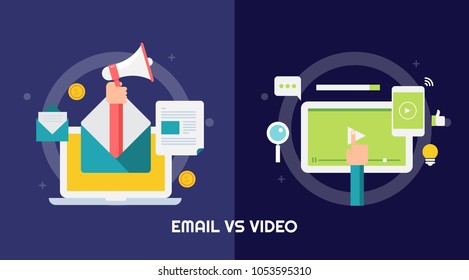 Comparison between email marketing and video marketing flat vector banner with icons