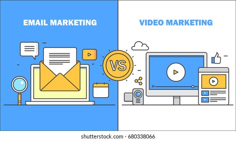 Comparison between email marketing and video marketing strategy thin line vector concept, infographic banner with marketing icons