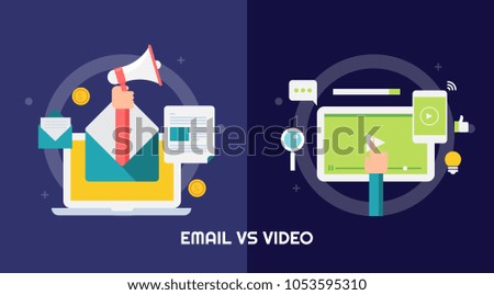 Comparison between email marketing and video marketing flat vector banner with icons