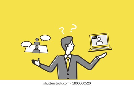 comparison between face-to-face
and online,toubled man,vector illustration,white isolated