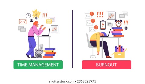 Comparison between good time management and burnout, flat vector illustration isolated on white background. Happy employee full of ideas versus exhausted and stressed worker.