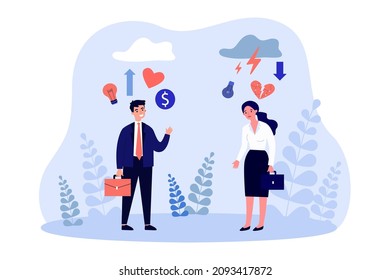 Comparison between happy and sad business people. Man with money and ideas, woman in despair flat vector illustration. Success and failure concept for banner, website design or landing web page