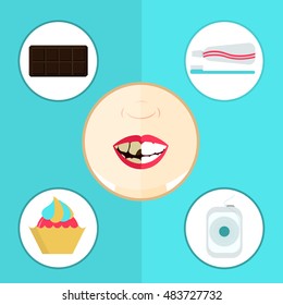 Comparison between healthy and rotten tooth. Face divided in half. Decayed teeth associated with chocolate, cupcake and sweets. Healthy teeth associated with tooth paste, tooth brush and floss