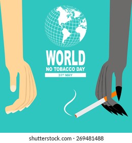 The comparison between human hand without cigarette and black alien hand with cigarette on vintage blue background for support world no tobacco day.(EPS10 art vector)