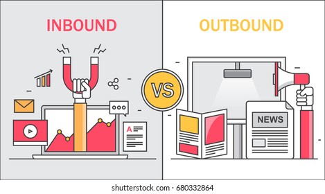 Comparison between inbound and outbound marketing, on-line and offline marketing thin line vector concept with icons