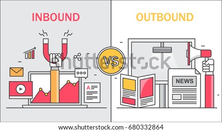 Comparison between inbound and outbound marketing, on-line and offline marketing thin line vector concept with icons