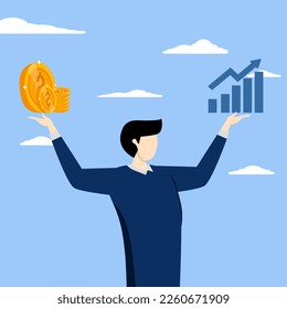 comparison between investment styles, professional choosing assets to earn or profit in market concept, Value stock vs growth stock, businessman comparing value and growth stock in his hand.