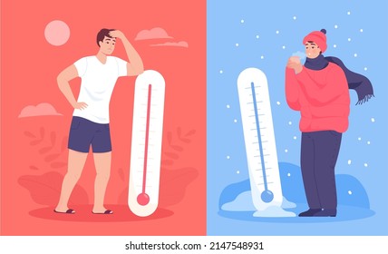 Comparison between men with thermometers in summer and winter. Hot and cold weather, sweaty person in heat, guy in warm clothes, high and low temperature flat vector illustration. Meteorology concept