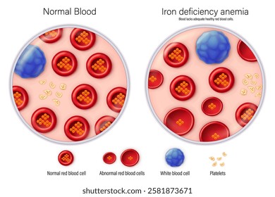 Comparison between normal blood and iron deficiency anemia vector. Blood smear. Medical education.