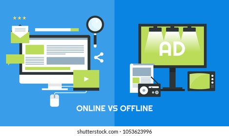 Comparison Between Online Marketing And Offline Marketing Flat Vector Banner With Icons