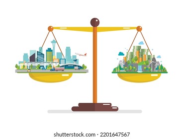 Comparison between prosperity and environment on balance scale.ai. Business idea concept. Vector illustration