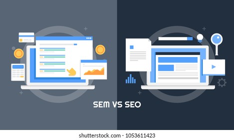 Comparación entre SEM y SEO: marketing de motores de búsqueda frente a banner vectorial de optimización de motores de búsqueda