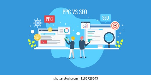 Comparison between SEO and PPC marketing, Digital marketing concept, SEO and PPC flat vector banner