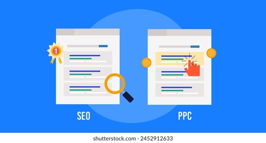 Comparison between SEO and PPC, SEO marketing and PPC advertising explained, Digital marketing strategy implementation - vector illustration background with icons