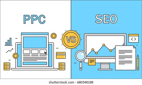 Comparison between SEO and PPC, search optimization and paid search marketing infographic style vector banner with icons