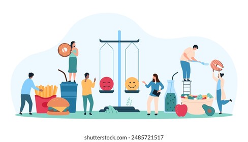 Comparison between unhealthy fastfood diet and healthy food. Tiny people weigh happy and angry emoji on scales, compare bad and good choice of nutrition for person cartoon vector illustration