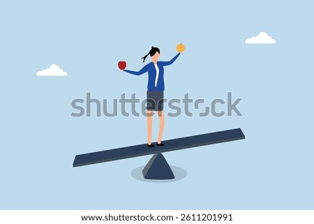 Comparison, businesswoman balances on seesaw while comparing orange and apple. 